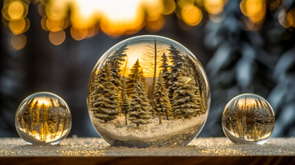 Holiday background transparent ball with trees, snowy background winter, Golden holiday lights. Generative Ai.