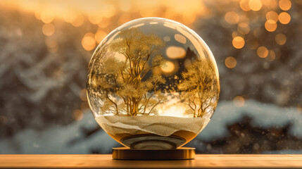 Holiday background transparent ball with trees, snowy background winter, Golden holiday lights. Generative Ai.