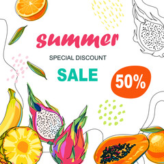 Summer sale background with fruits and doodles. Poster with abstract shapes, dots, lines and tropical fruits. Oranges, pineapple, pitaya, banana and papaya on a white background. Special discounts. 