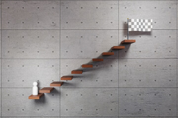 White peg person is climbing up wooden stairs to reach the checkered finish line flag. Illustration of the concept of personal goals and achievement