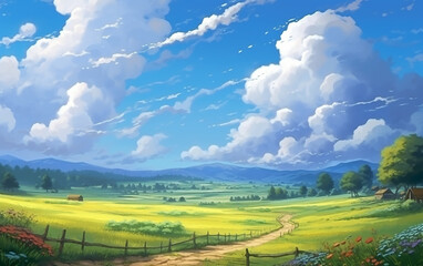 A cartoon-style depiction featuring paths winding through hills, meadows, and clouds, with fields brimming with lush greenery and bathed in warm sunshine.   Generative AI