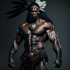 Fototapeta na wymiar A_muscular_indigenous_man_heroic_figure_stands_tall
