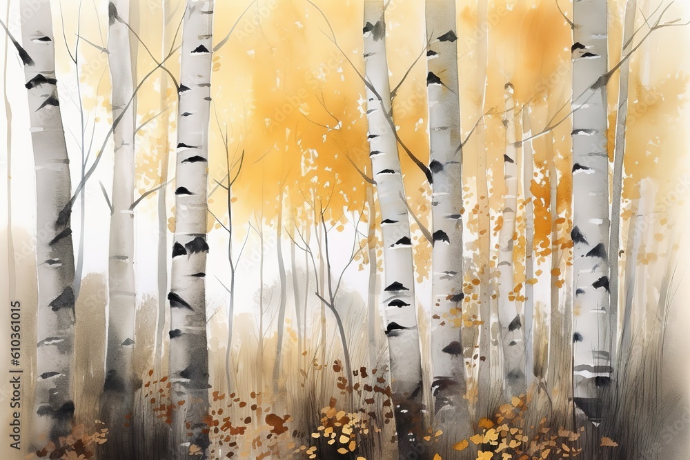 Poster a cartoon depiction of a forest filled with trees whose leaves are yellow generative ai
