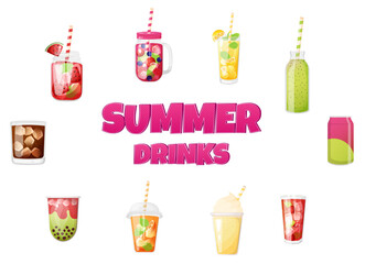 Summer soft drinks set. Bubble tea, smoothie, lemonade,  soda, milkshake vector illustration.