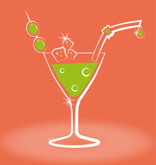Multicolored cocktail outlined with a white line on a colored background. Vector illustration