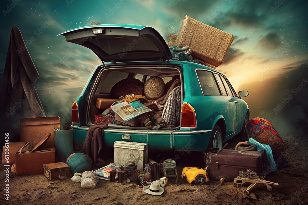 Poster a blue automobile with a load of bags crammed into the trunk generative ai
