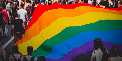 Pride parade people and big rainbow flag. LGBTQ pride. AI generated