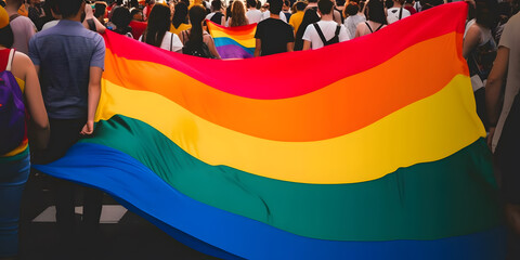 Pride parade people and big rainbow flag. LGBTQ pride. AI generated