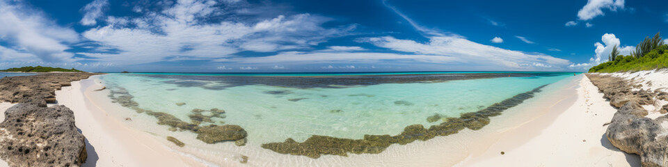 Fototapeta na wymiar Stunning panoramic view of a tranquil, secluded beach with immaculate white sands and crystal-clear turquoise waters, all set against a warm, sunny backdrop. Generative AI