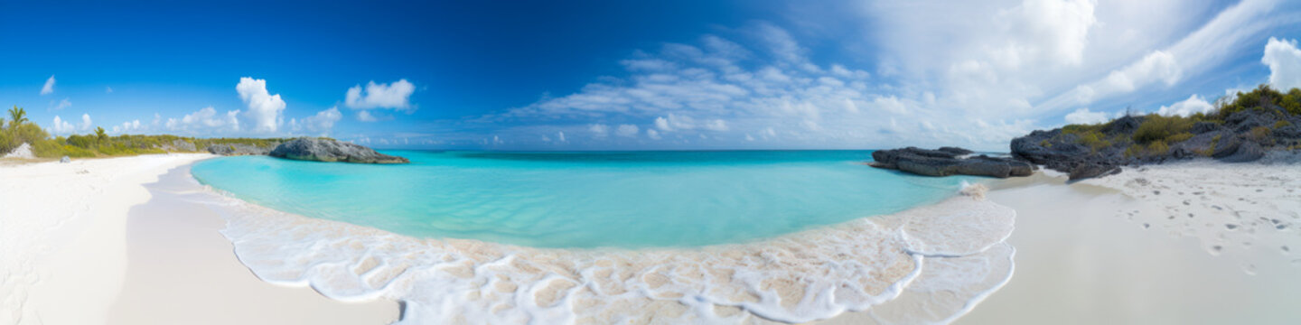 Splendid panoramic beach scene featuring pristine white sand, crystal-clear turquoise waters, and a radiant sunny sky - an emotionally stirring visual treat. Generative AI