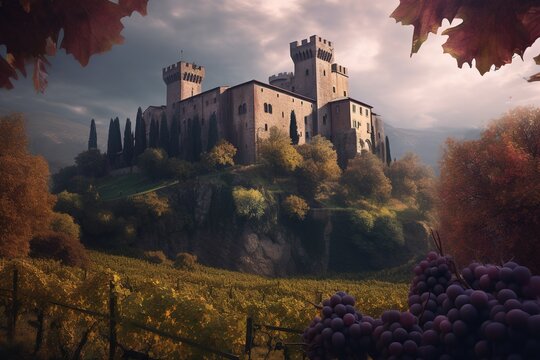 a fortress perched on a hill and surrounded by thick vegetation Generative AI