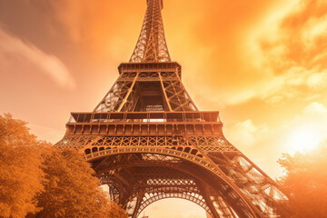 The Eiffel tower seen with a dramatic colorful sunset in Paris, France. Generative Ai.