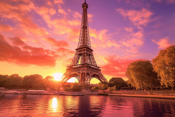 Obraz premium The Eiffel tower seen with a dramatic colorful sunset in Paris, France. Generative Ai.