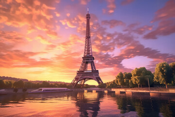 Fototapeta na wymiar The Eiffel tower seen with a dramatic colorful sunset in Paris, France. Generative Ai.