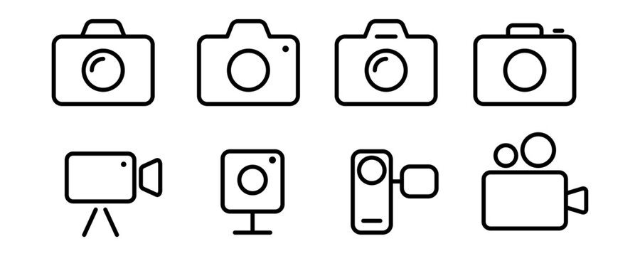 Outline camera icon set. Photo camera icon in line. Outline photo and video symbol. Outline camera icon in black. Stock vector illustration