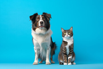 Fototapeta na wymiar A border collie and a cat sitting together on a blue background with Generative AI.
