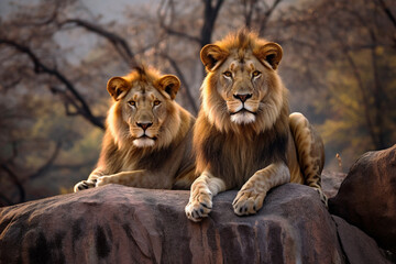 Fototapeta na wymiar Lion and lioness in the savanna of Zimbabwe, Africa with Generative AI.