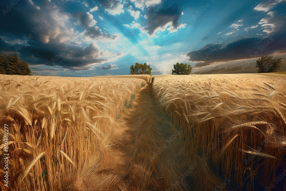 Poster an illustration of a wheat field with a foggy sky in the background generative ai