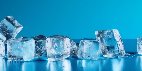 Obraz premium Ice cubes on a blue background, side view. Generative AI