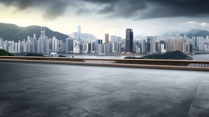 Concrete road with city skyline commercial building background, illustration for product presentation template, copy space wallpaper. Ai generative