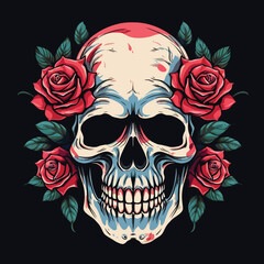Skull With Roses for Streetwear Tshirt Design Vector Illustration