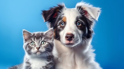 a cat and dog looking camera background, illustration for product presentation template, copy space. Ai generative