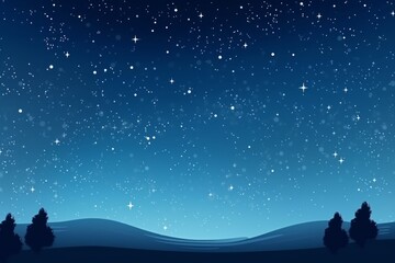 Night blue landscape with silhouette mountains and trees and stars on the sky. Generative AI