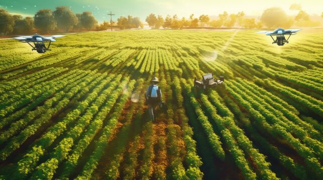 Drone flies over agricultural fields by Generative AI