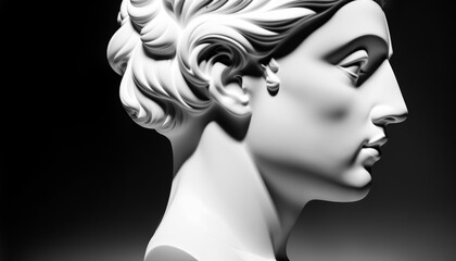 Ancient classical greek statue head over dark gray background. Generative AI