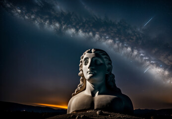 Giant greek statue colossus epic scene with night sky galaxy view. Generative AI