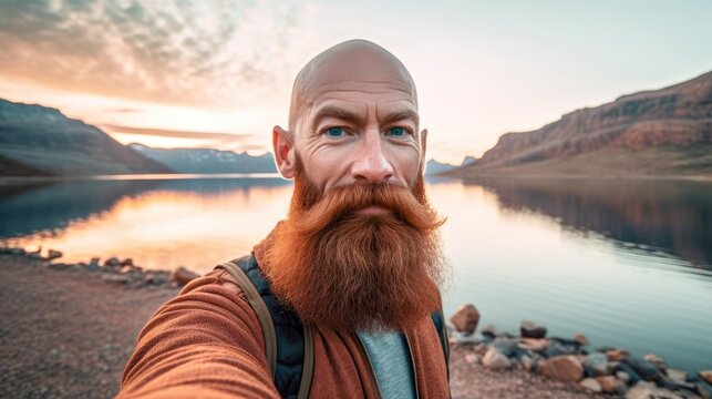 A bald man with beards taking a selfie in the mountains with a river behind him Generative AI Illustration