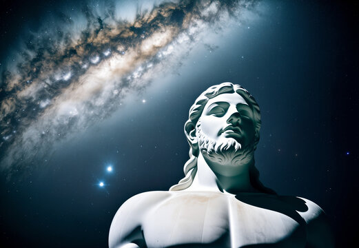 Giant greek statue colossus epic scene with night sky galaxy view. Generative AI