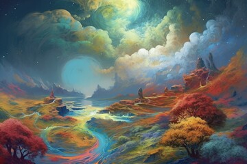 Fantastical Planet with Swirling Clouds and Colorful Landscape Created with Generative AI