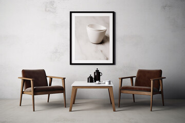 A table in front of a wall with a frame on it. Minimalistic interior design composition. Generative AI