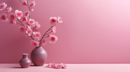 Pink flower on pot background, illustration for product presentation template, copy space. Ai generative