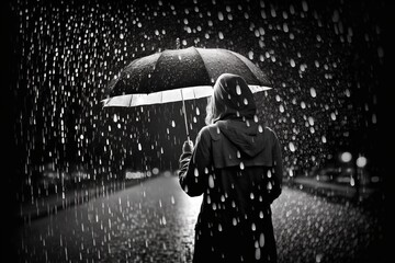 rain black background. man with umbrella in bad weather. AI generated - obrazy, fototapety, plakaty
