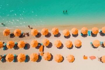 Drone top down view of a tropical beach with sunbeds and umbrella's. High quality ai Generative AI