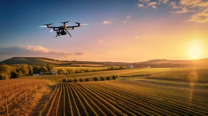 Fototapeta na wymiar Drone flies over agricultural fields by Generative AI