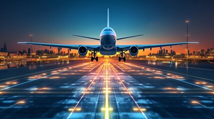 Airplane taking off from airport runway background, illustration for product presentation template, copy space. Ai generative - obrazy, fototapety, plakaty