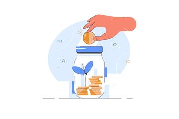 Collect money in glass jar banking cash deposit vector illustration. Hand put coin. Collect golden coins into huge glass jar. Make savings, collecting money in account, open bank.
