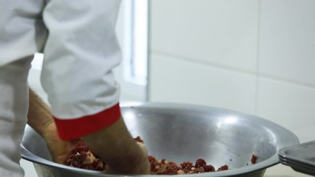 meat, onion and animal fat are used as content for the dumplings