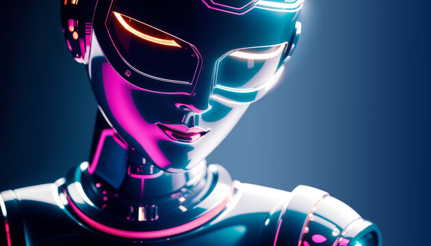 AI humanoid female android , photoreal,  chrome skin. Generative AI