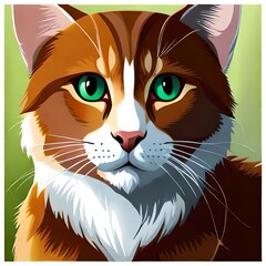 An orange fluffy cat with green eyes, green background. Looking cute.