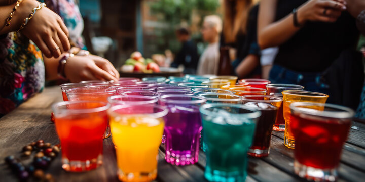 Captivating outdoor buffet scene with vibrant, colorful glasses on a table, evoking a cheerful and lively atmosphere perfect for any design project. Generative AI