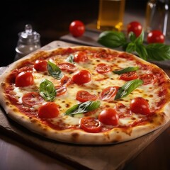 Hot pizza,  Margherita pizza is a classic Italian pizza that consists of a thin crust topped with tomato sauce, mozzarella cheese, and fresh basil leaves.