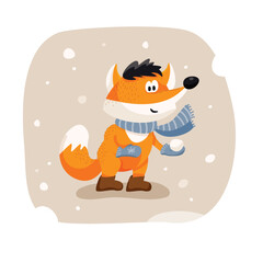 Cute full-length fox in a winter scarf and boots holding a snowball in his paws. Vector funny animal isolated on white background