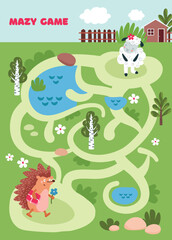 Obraz na płótnie Canvas Children's game labyrinth. Help the hedgehog get to the sheep and give her a gift. Maze game for kid's