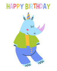 Fototapeta na wymiar Happy birthday card with fun rhinoceros. Cute rhino with gift box. Children greeting card for print.