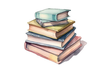 Watercolor of classic vintage stack of books decorating with meadow grass and flower isolated on clear png background, old book, magic spell cast books, with Generative Ai