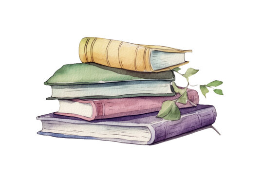 Watercolor of classic vintage stack of books decorating with meadow grass and flower isolated on clear png background, old book, magic spell cast books, with Generative Ai